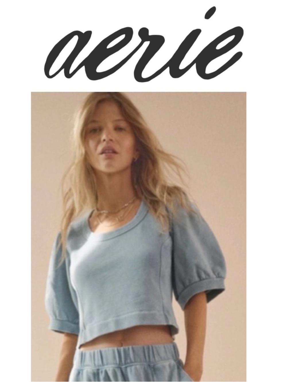 AERIE Seams Right Short Sleeve Sweatshirt Puff Sleeve Crop Blue Cloud Women XS